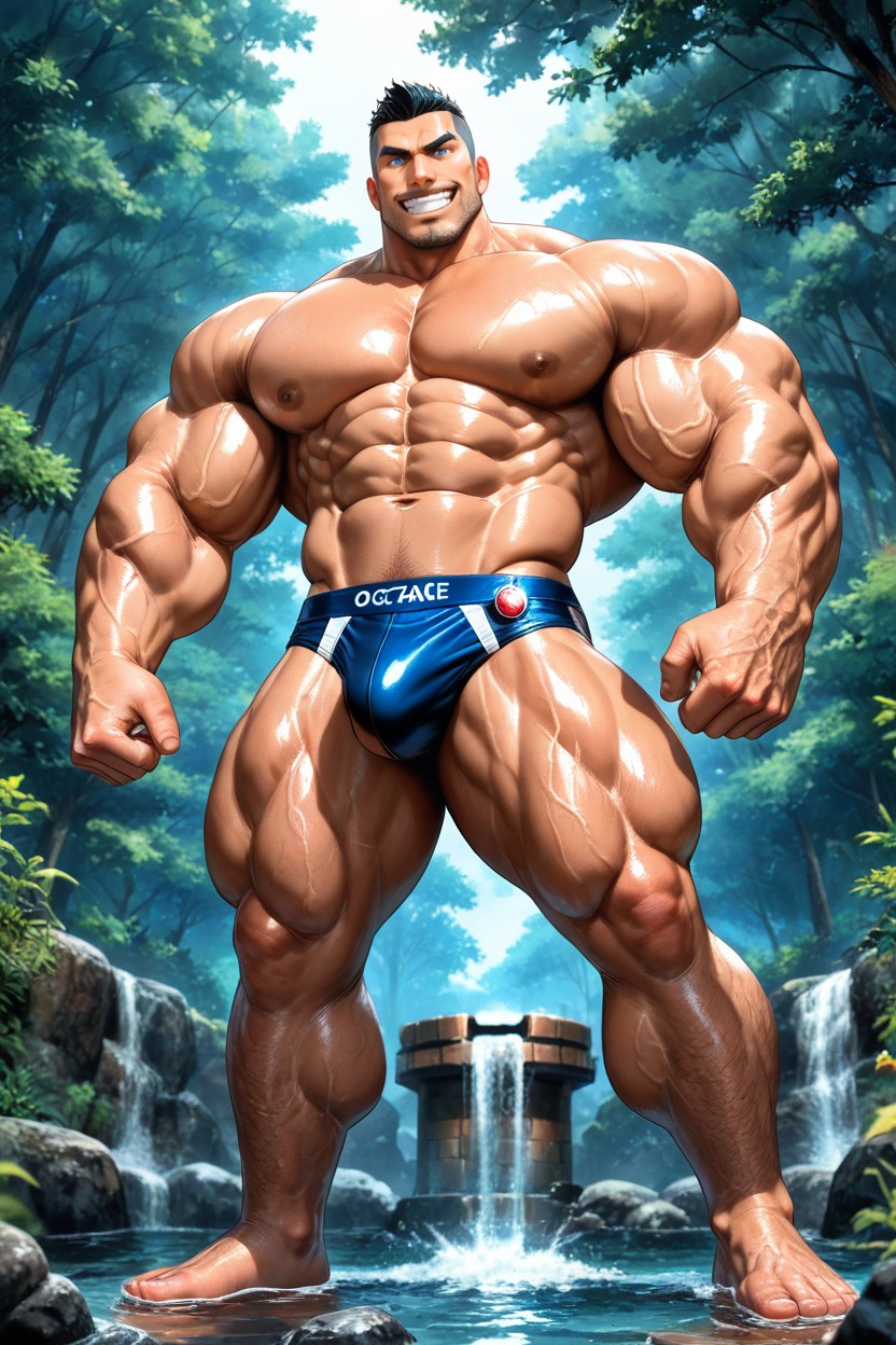 Blue Eyes, Muscular, Dark Blue Speedo AI Gay Porn