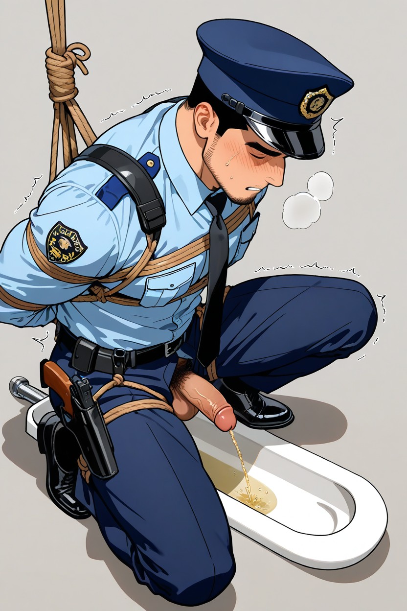 Wearing Light Blue Button Up Shirt, Shaking, Japanese Style Squat Toilet Porno IA Gay