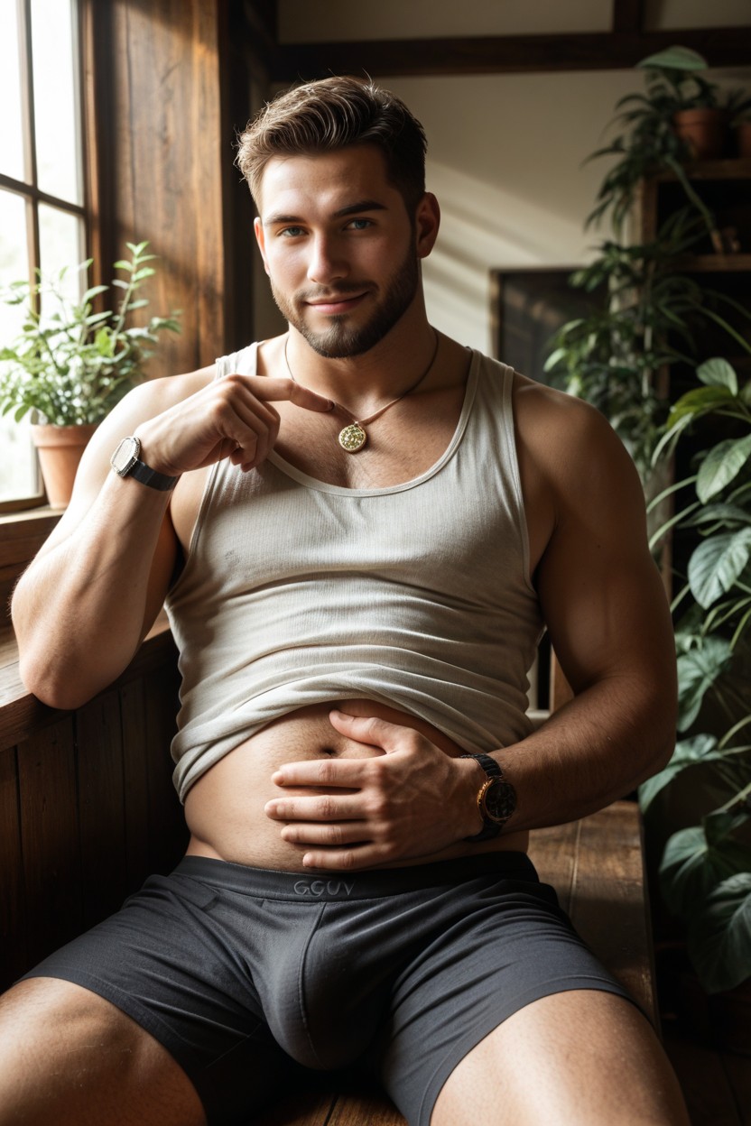 Intimate Atmosphere, Shirt Fully Open, Subtle Fabric Tension AI Gay Porn