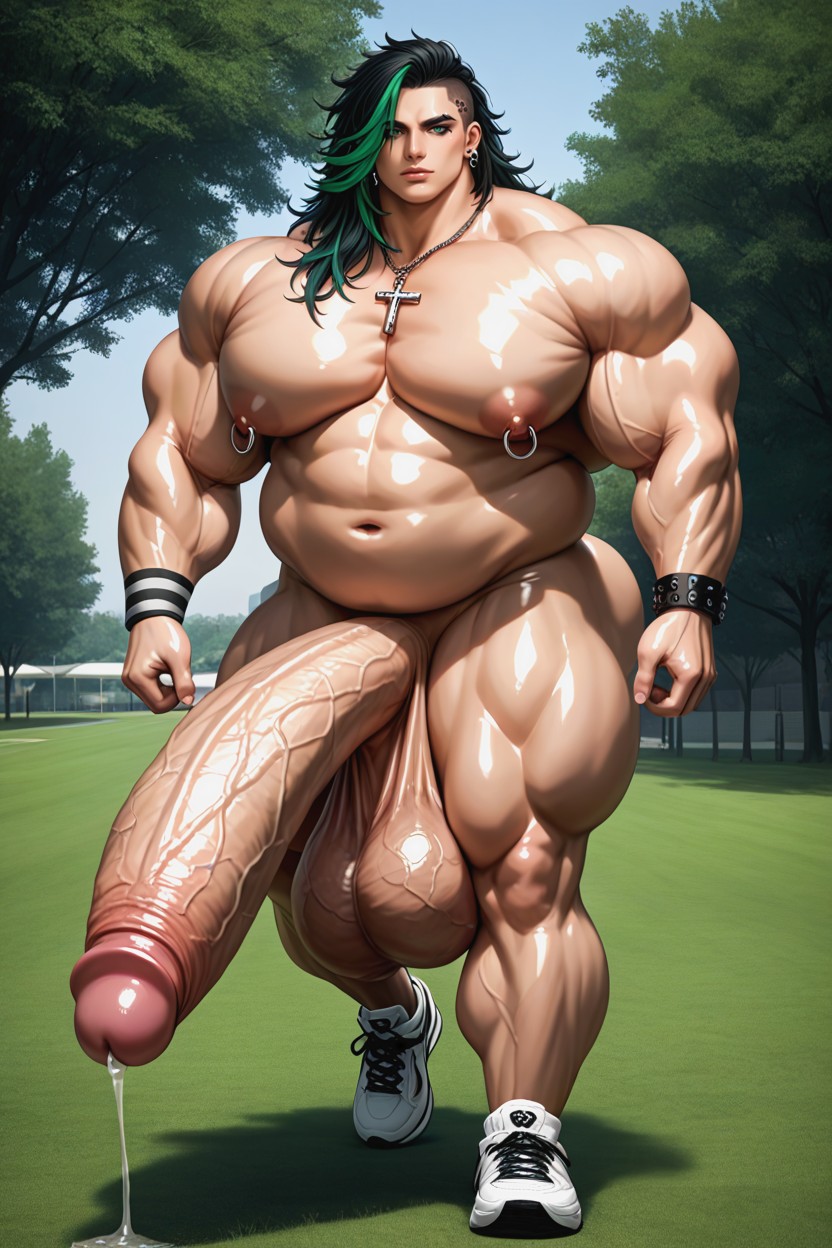 Multiple Piercings, Thick Thighs, Hyper Huge Bulging Testicles AI Gay Porn