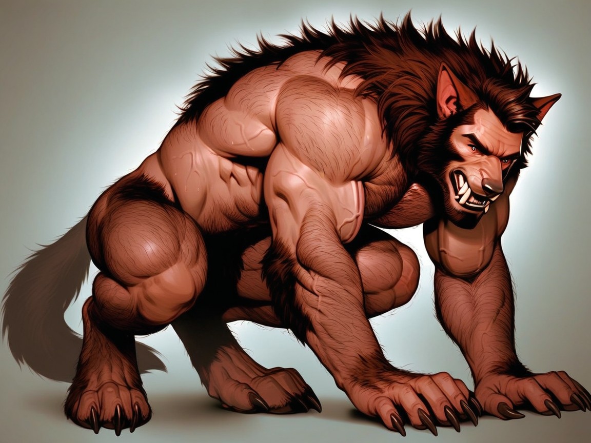 Clenching Teeth, Model, Transforms Into A Werewolf AI Gay Porn