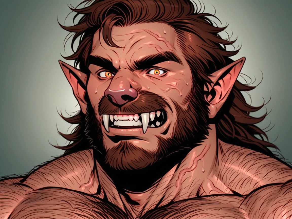 Long Angular Jawline, Close Up, Muscle Werewolf AI Gay Porn