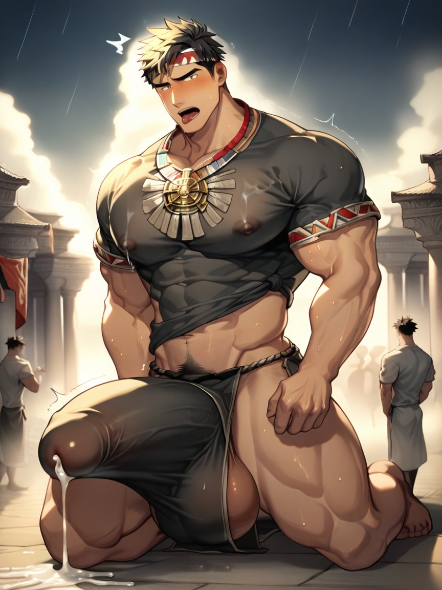 Massive Plump Balls Reach The Ground, Movement Lines, Cock Pressed Against Chest AI Gay Porn