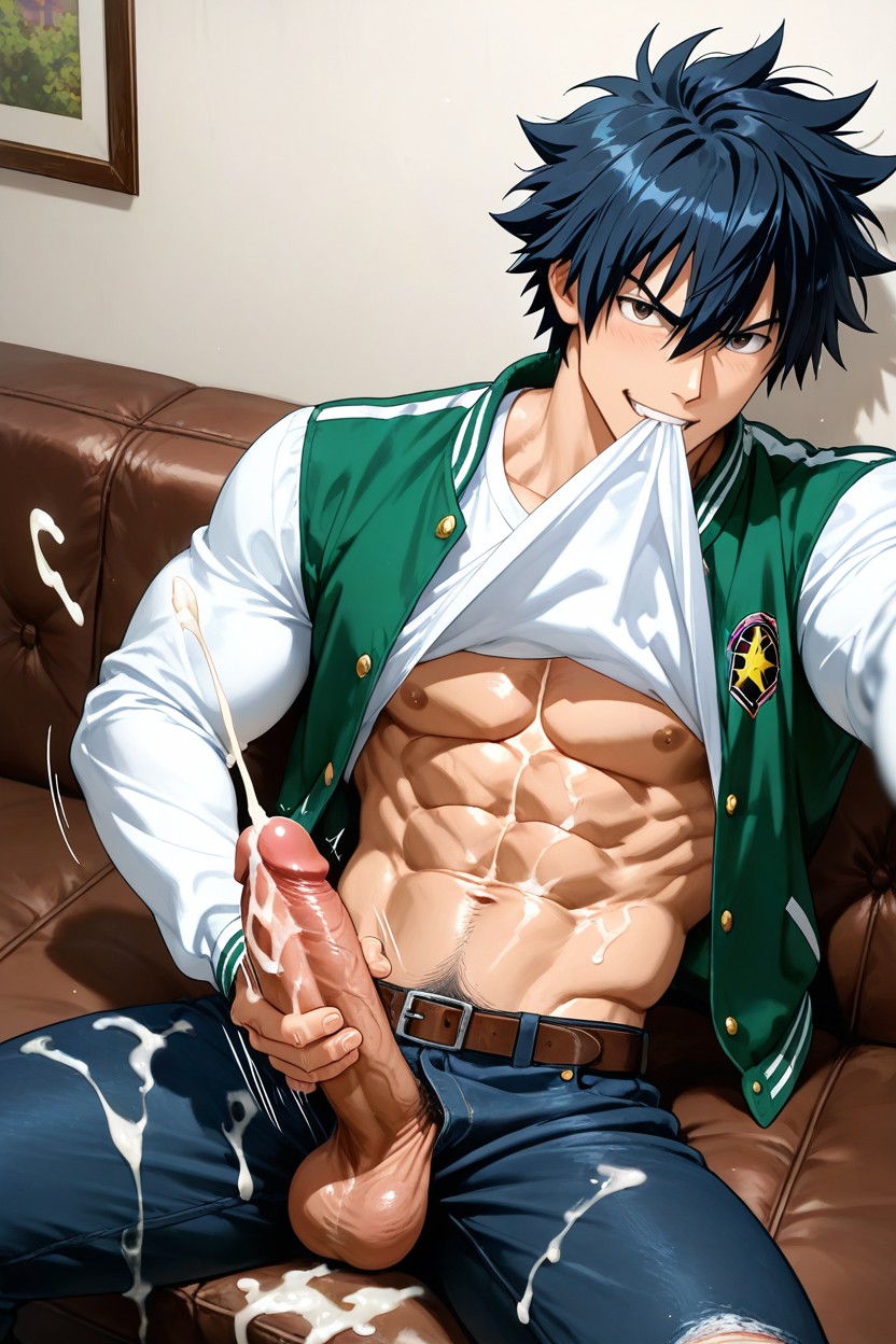 Pubic Hair, Classic Green Varsity Jacket With Long White Sleeves, Legs Spread AI同性恋黄片