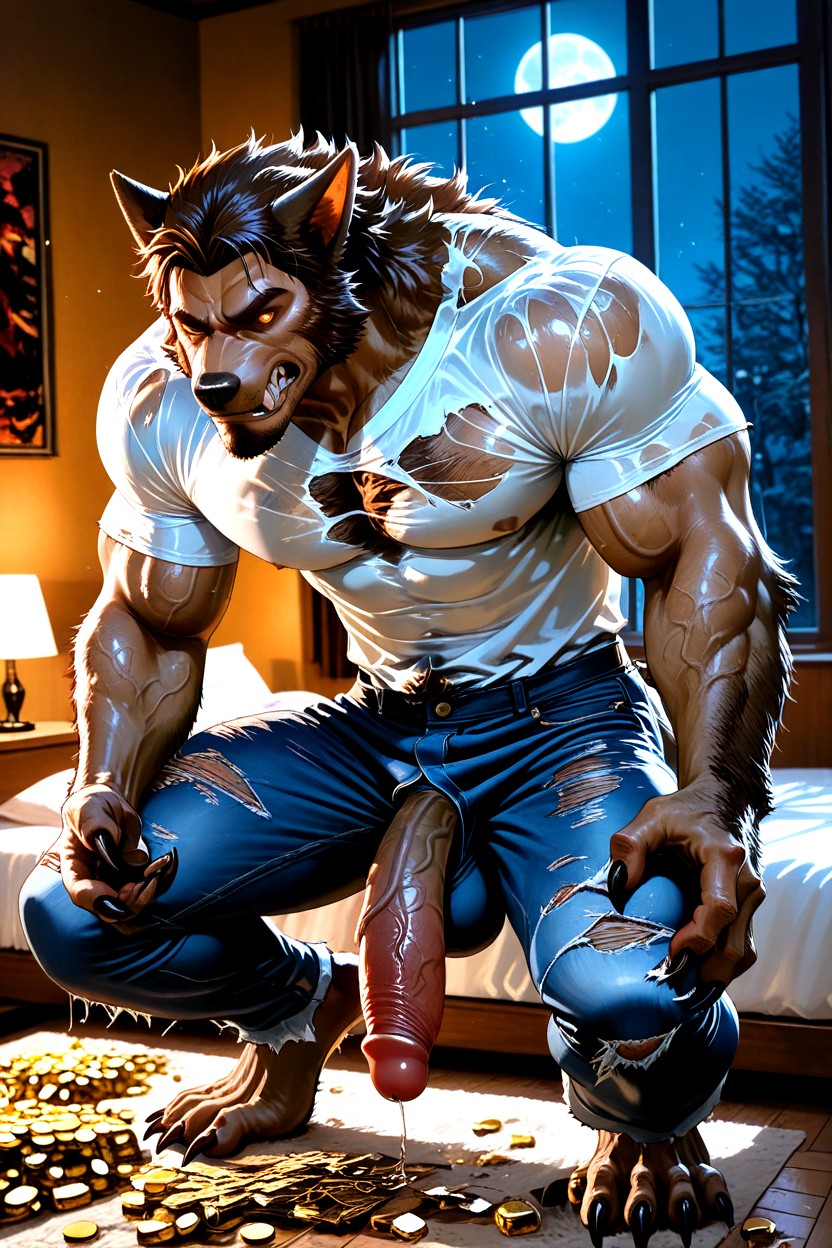 Werewolf Transformation, Brown Hair, Full Moon In The Window AI Gay Porn
