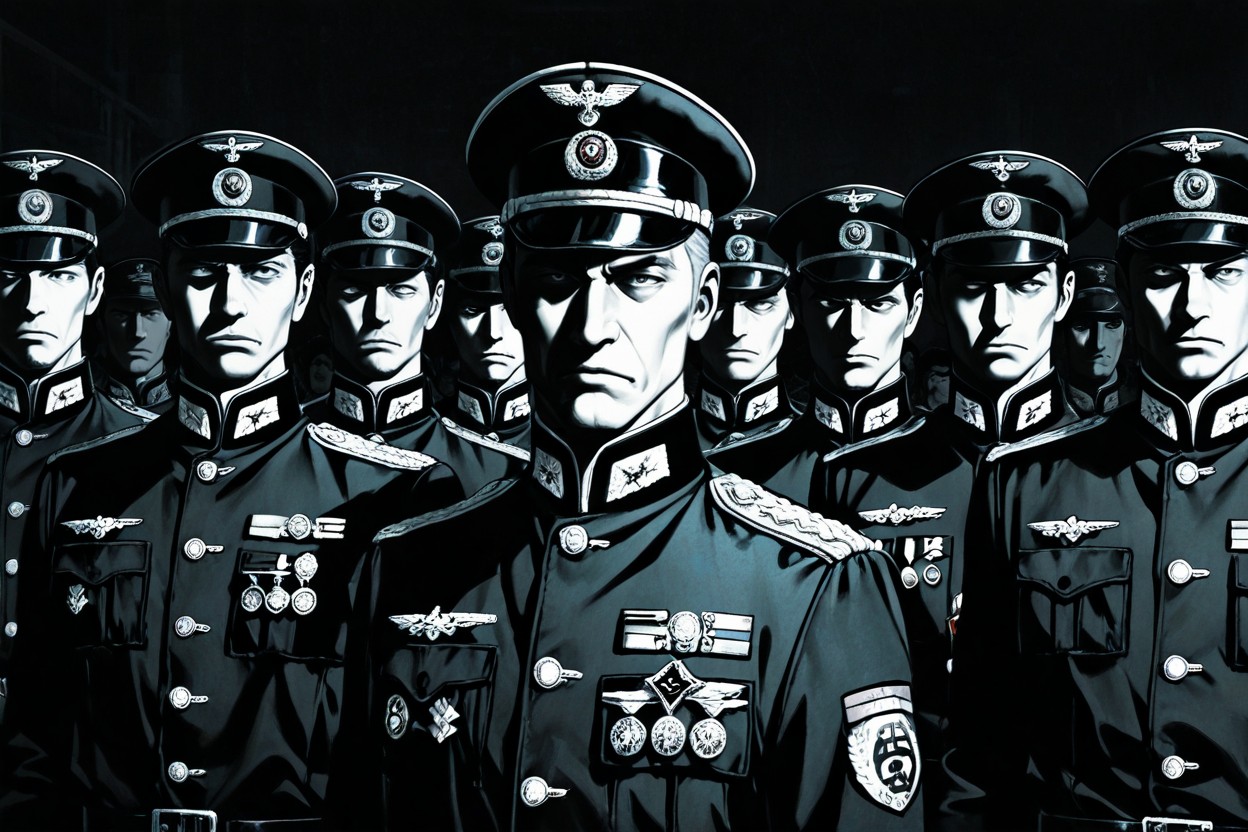 Rigid Military Posture With Slight Forward, Black And White Photography, Stiff Peaked Service Caps With Dark Visors AI同性恋黄片
