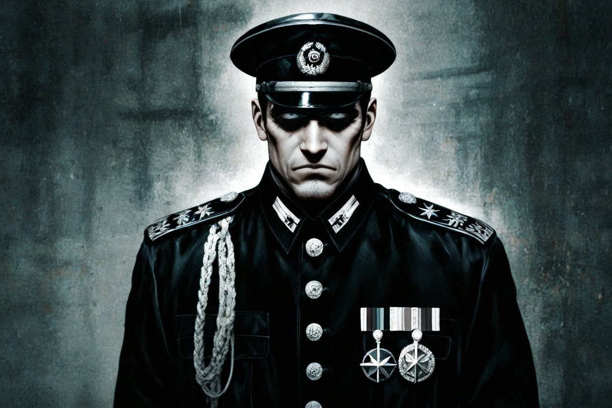 Dramatic Chiaroscuro Lighting, Central Officer With Broad Stern Face And Shadowed Frown, Collar Rank Tabs AI Gay Porn