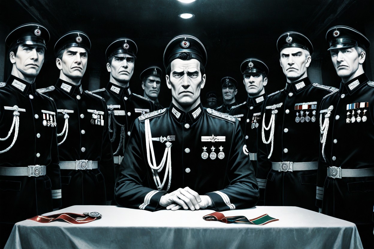 Rigid Military Posture, Wearing Dark Double-breasted Officer Tunics, Loking Down At The Table AI Gay Porn