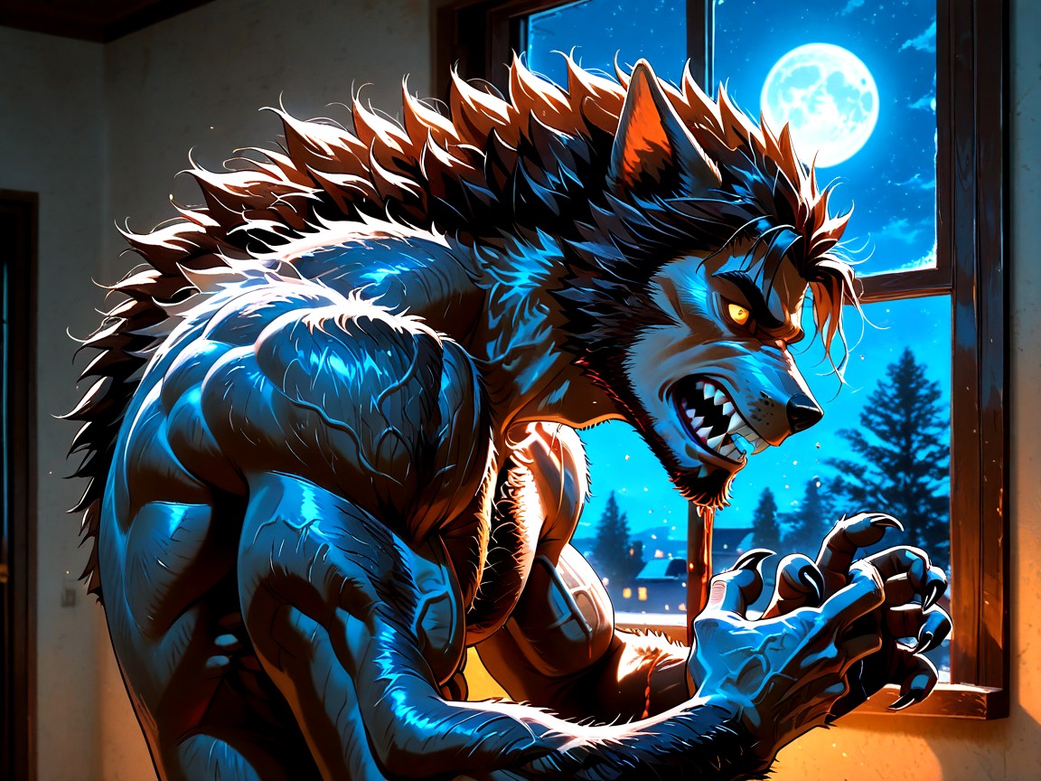 Masculine And Wolfish Facial Features, Full Moon In The Window, More Werewolf Transformation AI Gay Porn