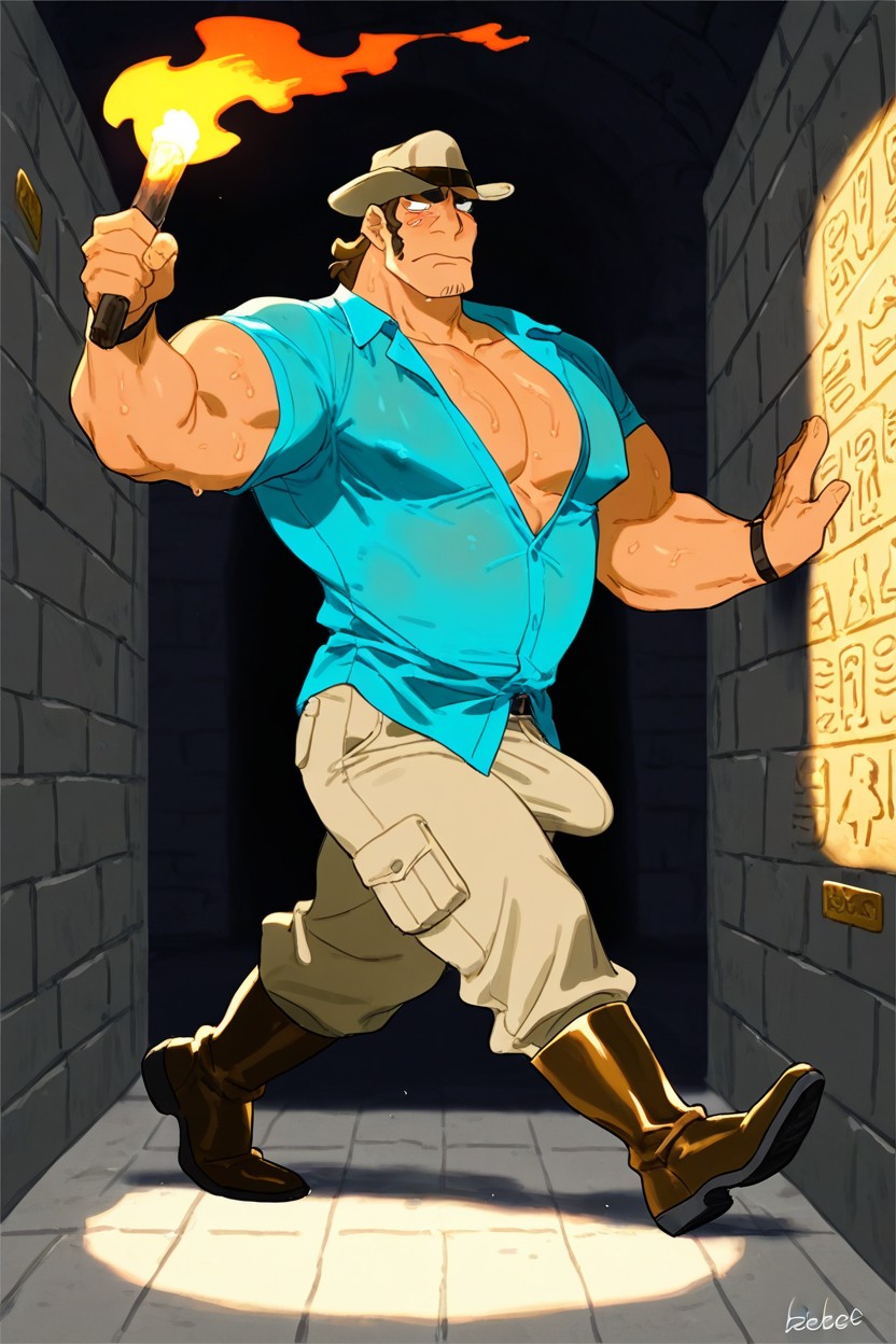 Visible Nipples, Masculine Man, Holding A Torch AI Gay Porn
