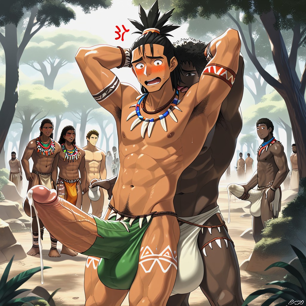 Orgasm Face, Oversized Gigantic Fully Erect Uncut Penis, Tribal Wear AI Gay Porn