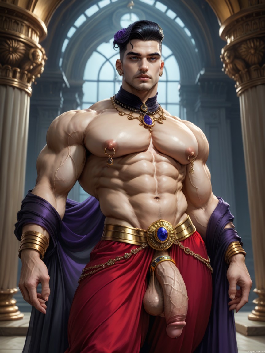 Ancient Arabesque Opulent Ornate Palace, Square Broad Jaw, Side View AI Gay Porn