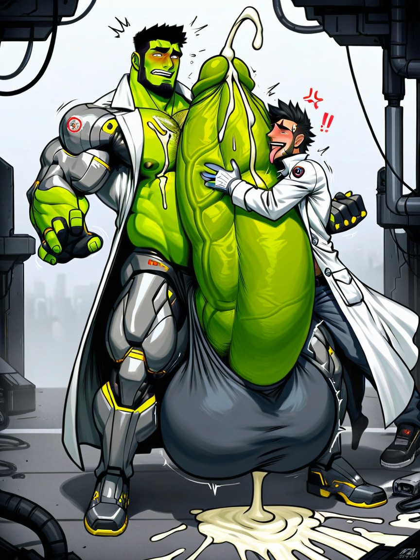 Lab Coat, Giant Erect Bulge, Metallic AI Gay Porn