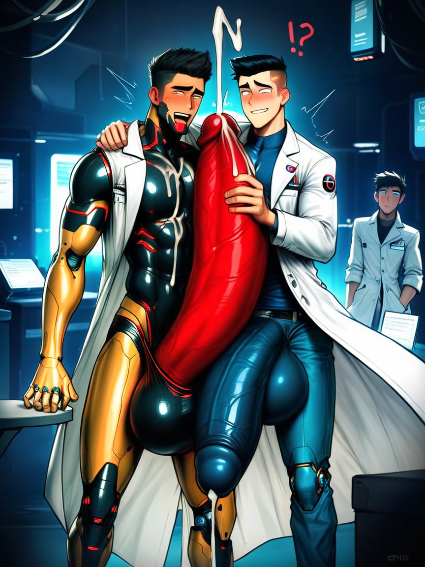 Uncut Hyper Cock Bigger Than Leg, Metallic, Smug Expression AI Gay Porn