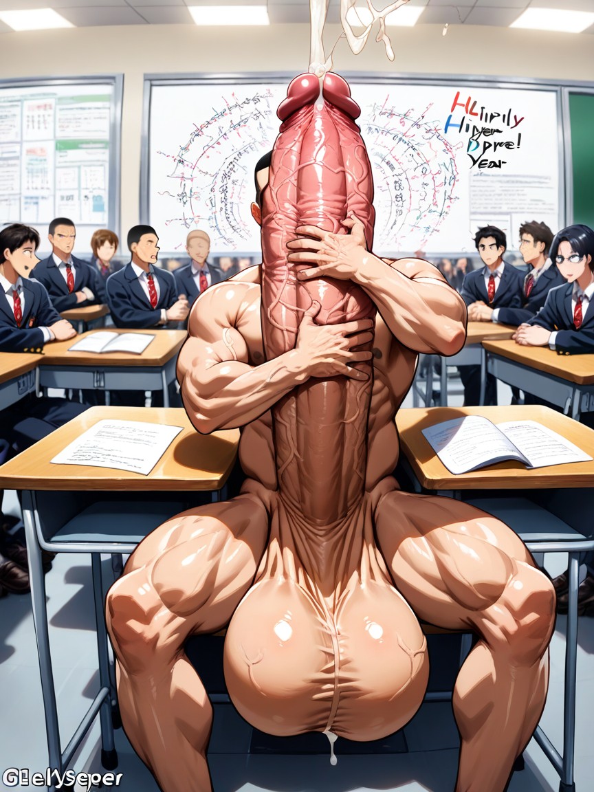Hyper Cock Pressed Down Against Desk, Tongue Out, Cum On Face And Chest AI Gay Porn