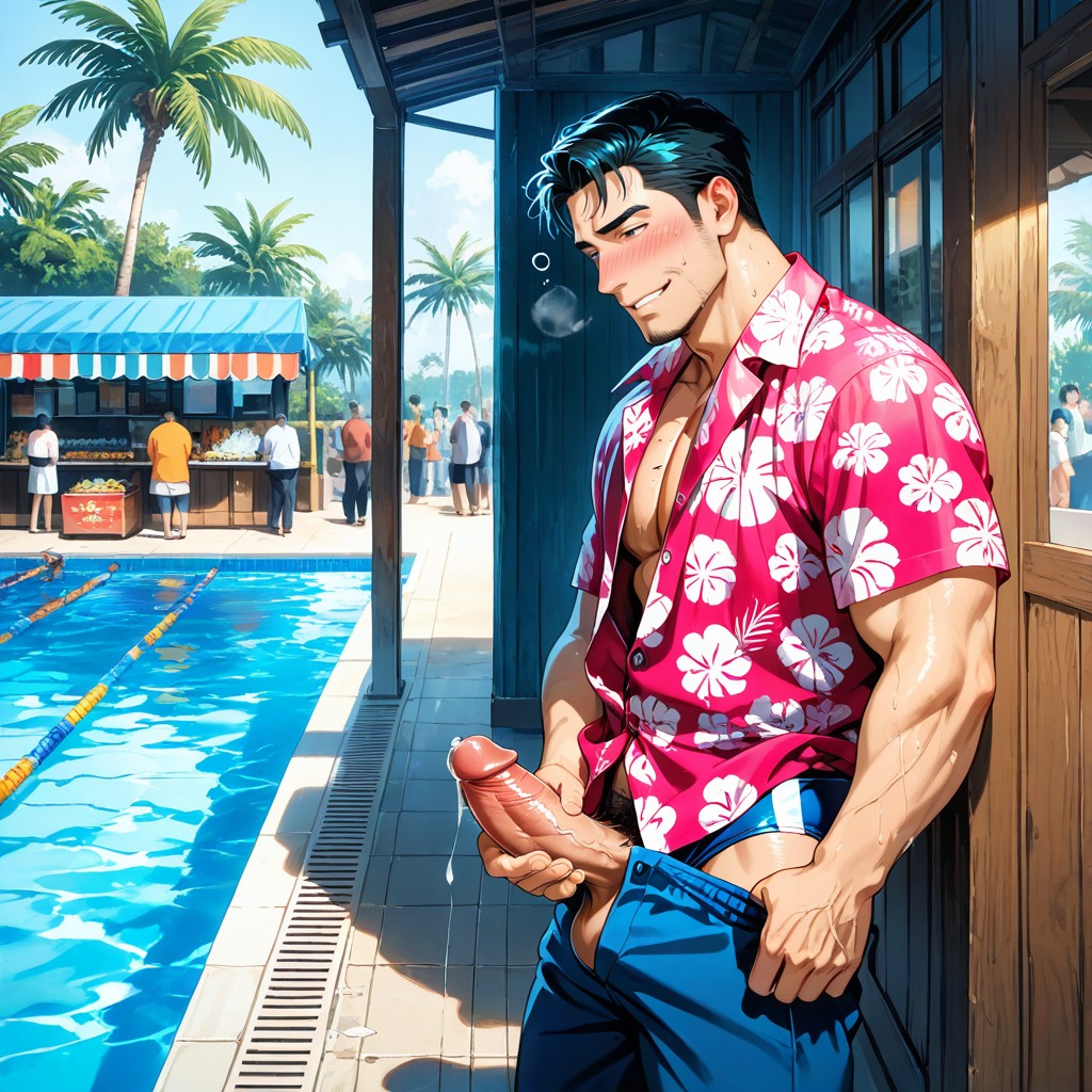 Detailed Male Anatomy, Other People Swimming Far Away Erotic Atmosphere, Horny AI Gay Porn