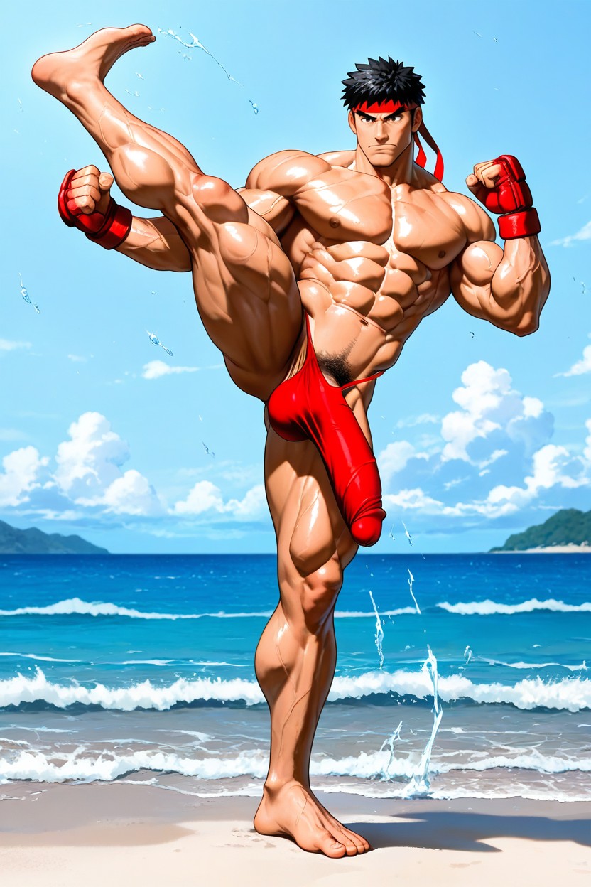 음경 돌출, Ocean Background, Tan Skin 게이 AI 포르노