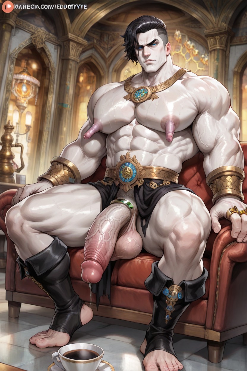 Realistic Full Body View, Ornate Golden Hyper Heavy Cock Ring, Waist AI Gay Porn