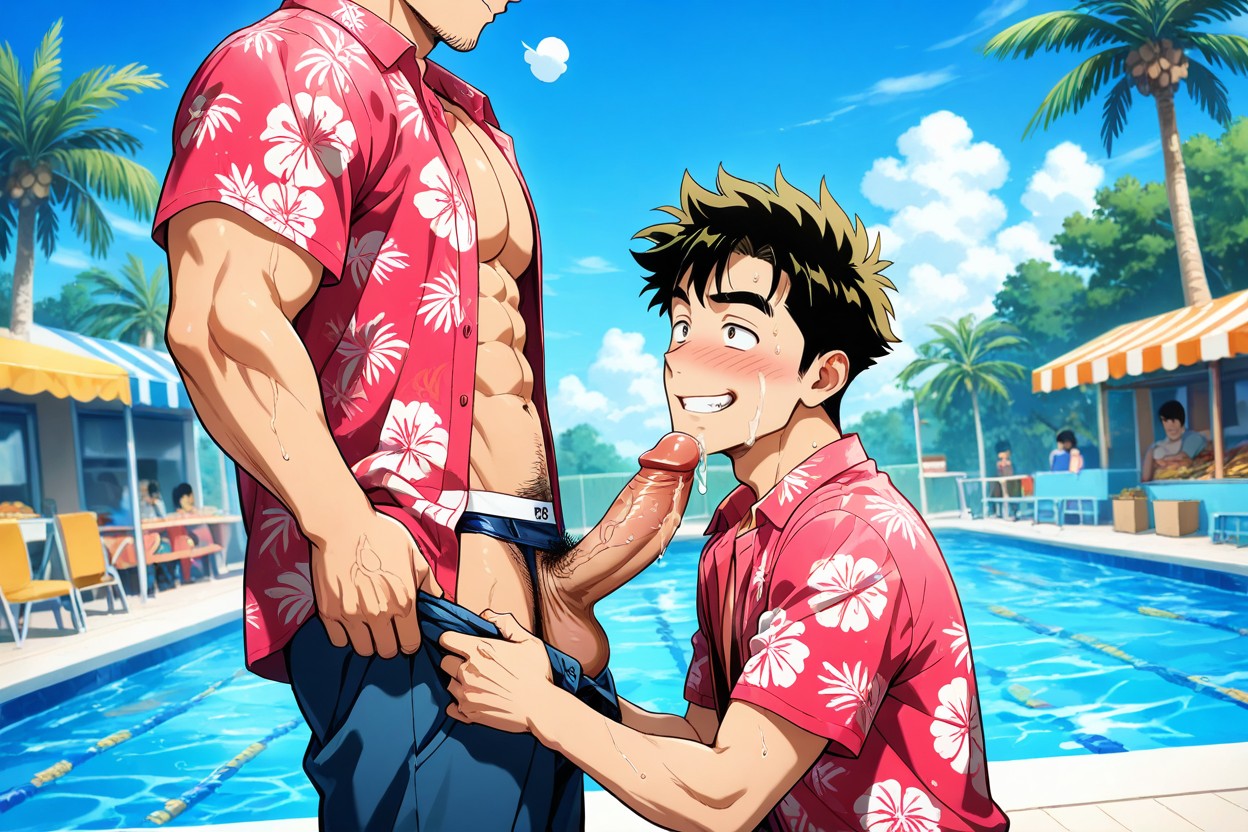 Wide Angle, Flushed Face, Outdoor Leisure Pool Area On A Sunny Day AI Gay Porn