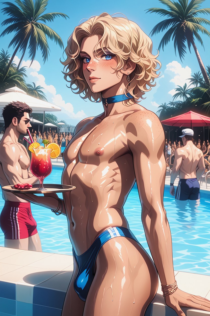 Freckles, Smooth Chest, With Female Face 게이 AI 포르노