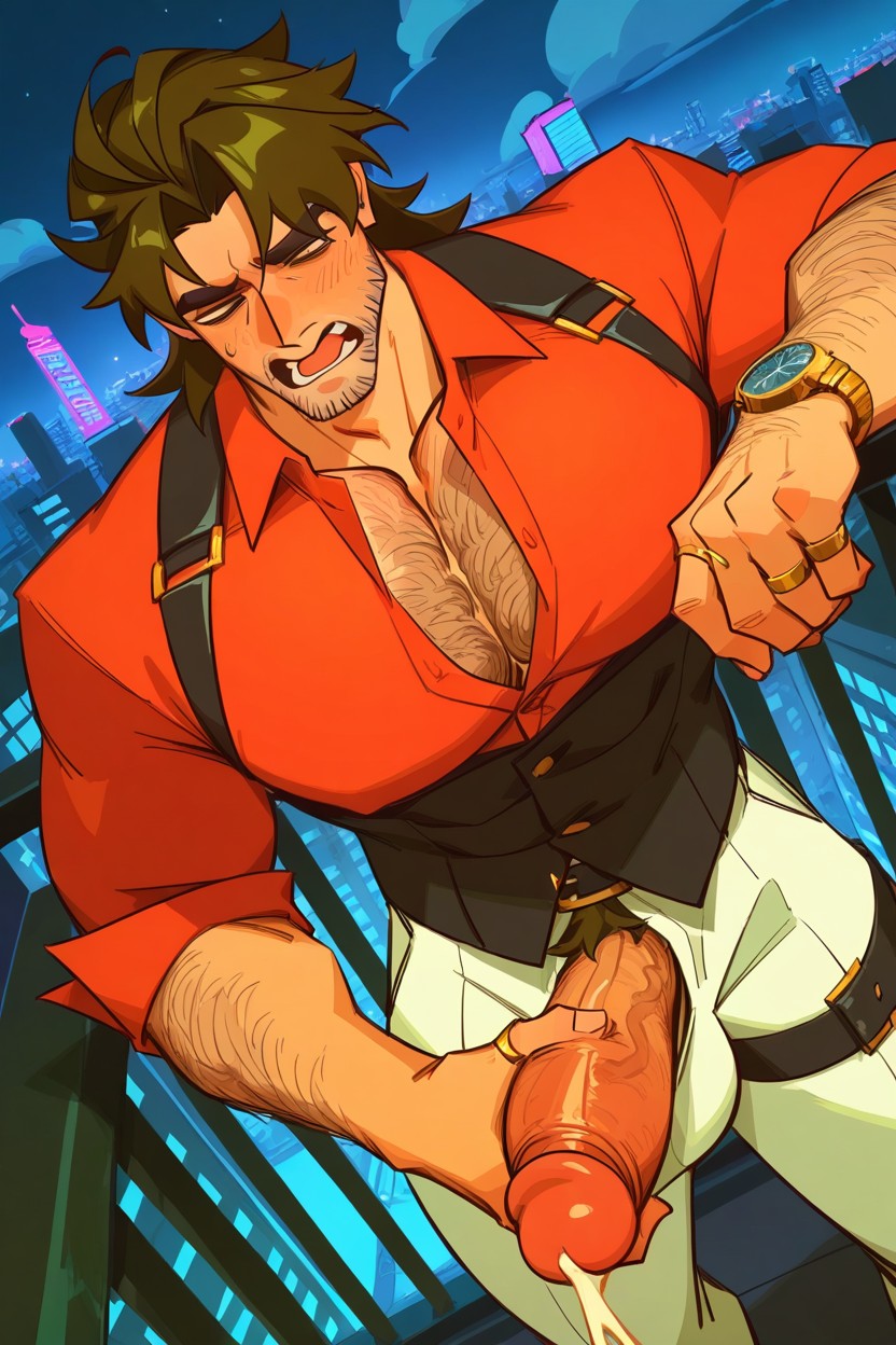 Thigh Leather Harness, Big Thick Long Cock, 근육질 체형 게이 AI 포르노
