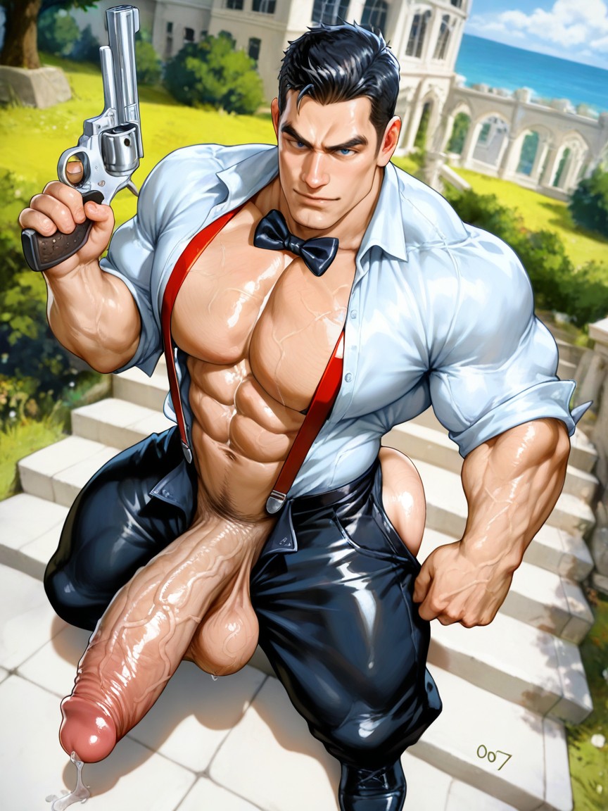 Dynamic Action Pose, At Stairs Of Luxurious Mansion In Garden By The Ocean, Redgart Style ゲイAIポルノ
