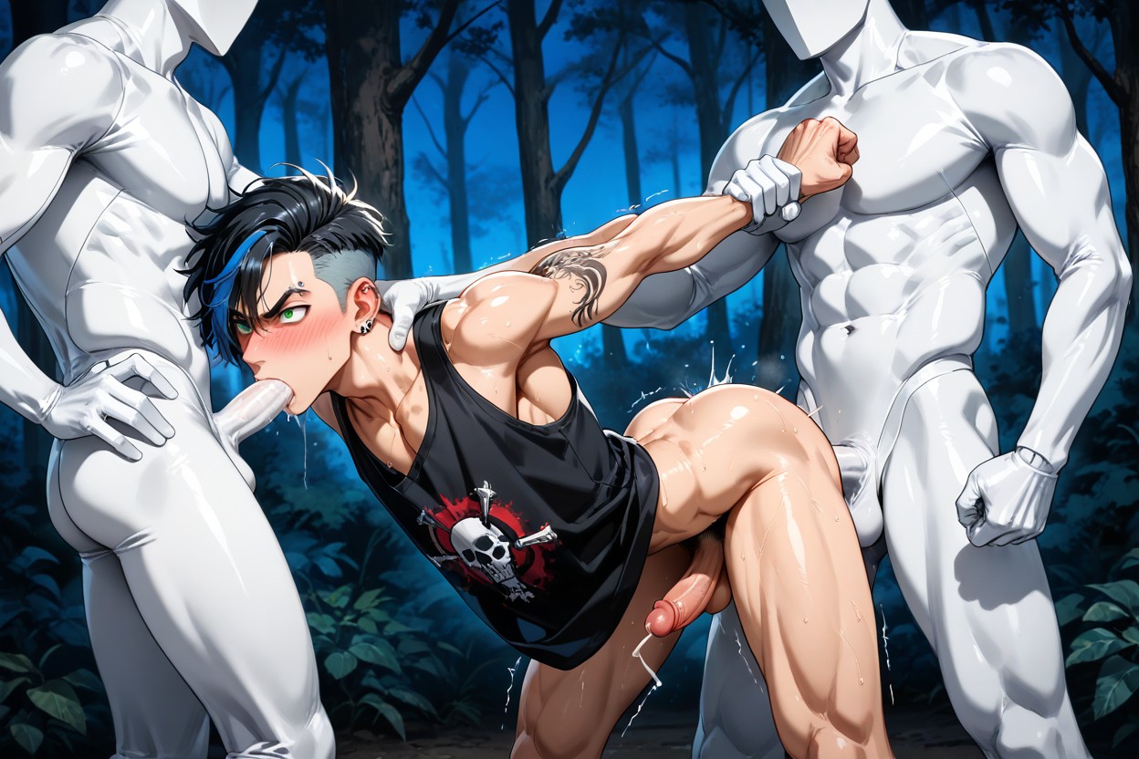 Surrounded By Many Black Mannequins, Clenched Fists, Dick Exposed AI Gay Porn