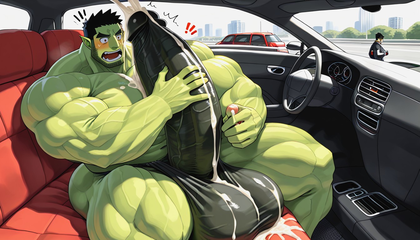 Black Hair, Giant Glans Near Open Mouth, Cock Bigger Than Body AI Gay Porn