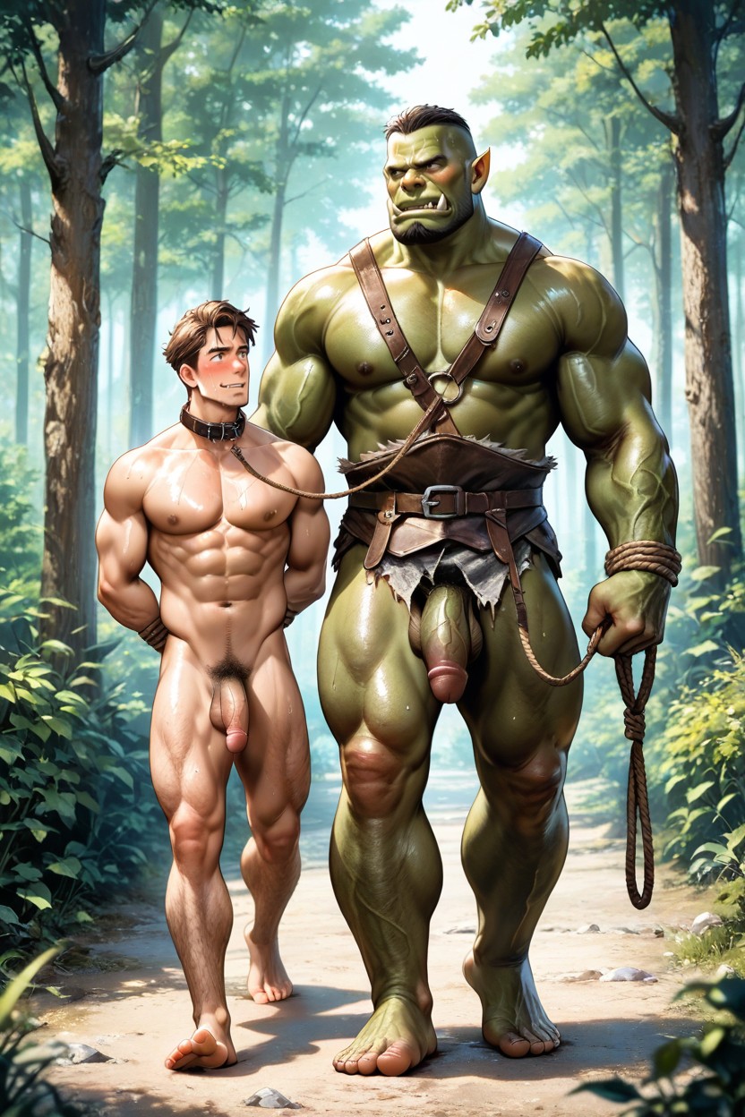 Leash Pulled, Looking At Each Other, Sub Male Orc 게이 AI 포르노