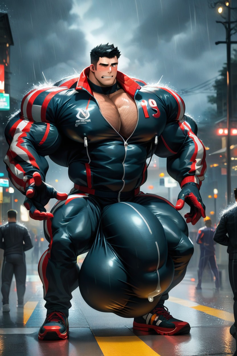 Raining, Men Reaching And Touching Hyper Bulge, Noir AI Gay Porn