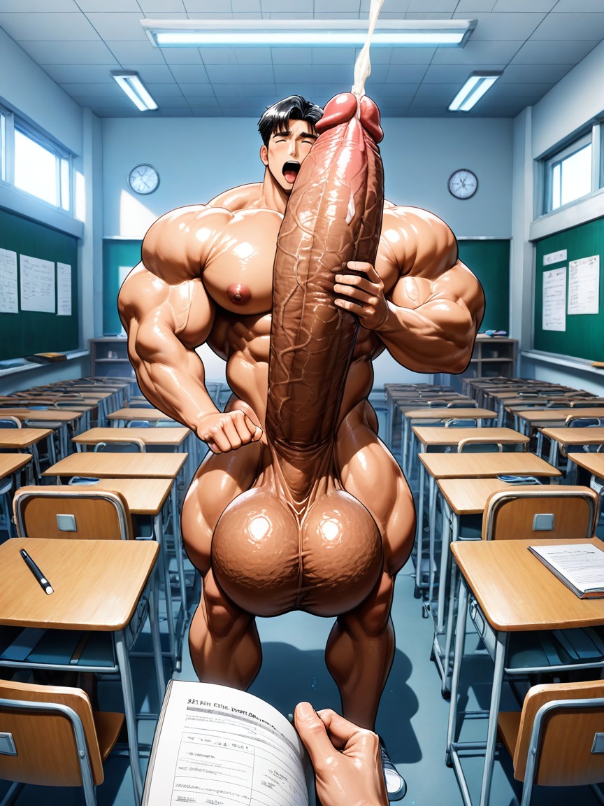 Focus On Naked Hyper Man In Front Of Lecture, Erect Mega Bulge, Black Hair 게이 AI 포르노