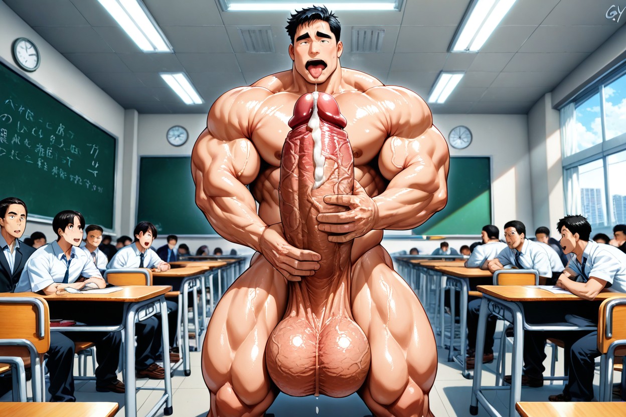 Handjob, Japanese Setting, Focus On Naked Hyper Man In Front Of Lecture AI Gay Porn