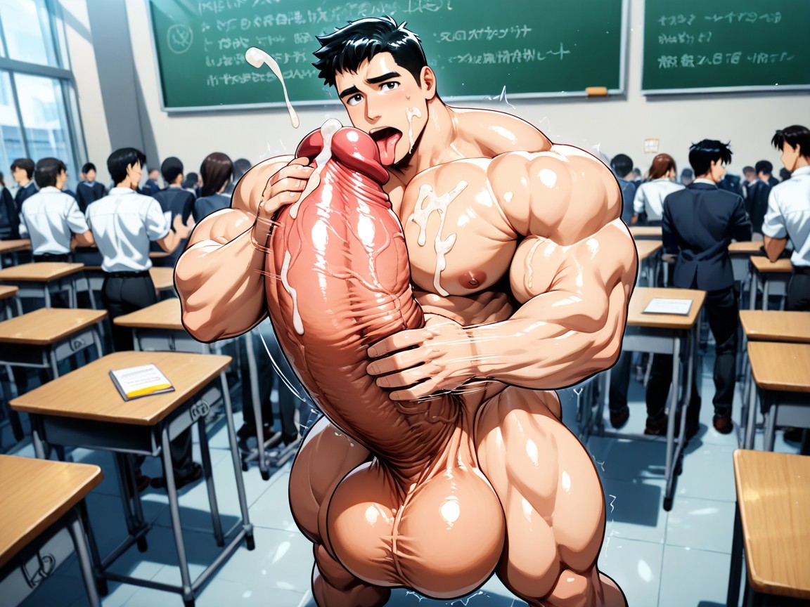 Focus On Naked Hyper Man In Front Of Lecture, Embarassed, Face Pressed Against Dick Or Balls Or Bulge 게이 AI 포르노