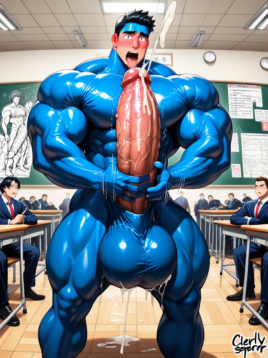 Focus On Naked Hyper Man In Front Of Lecture, Seated Men Masterbating Blushing, Uncut Hyper Cock Bigger Than Leg 게이 AI 포르노