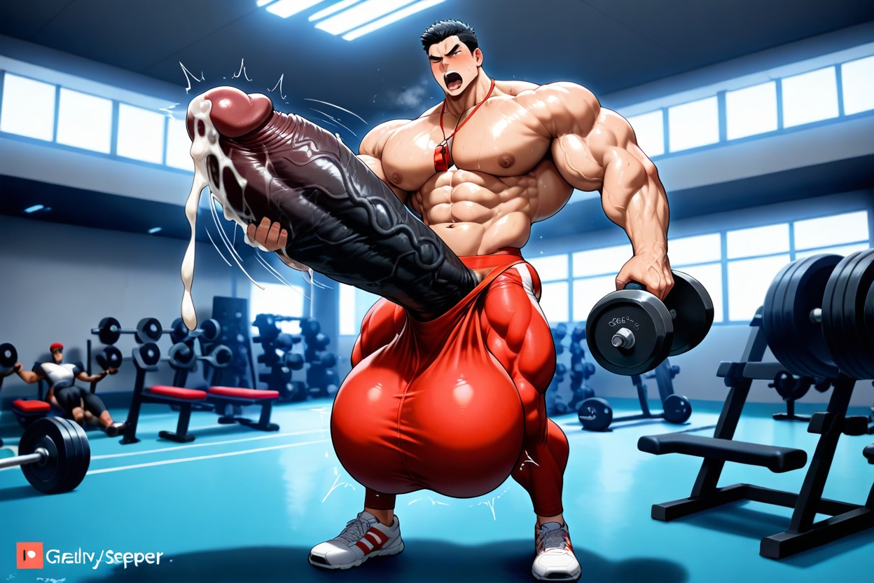 Red Yoga Pants With Giant Erect Bulge, Giant Glans Near Open Mouth, Hyper Muscle 게이 AI 포르노