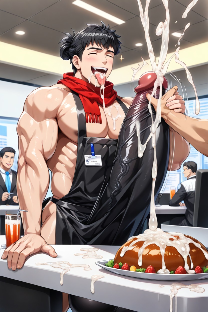 Hands Fondling Man's Massive Balls, Office Men Seated At Tables, Uncut Hyper Cock Bigger Than Leg AI Gay Porn
