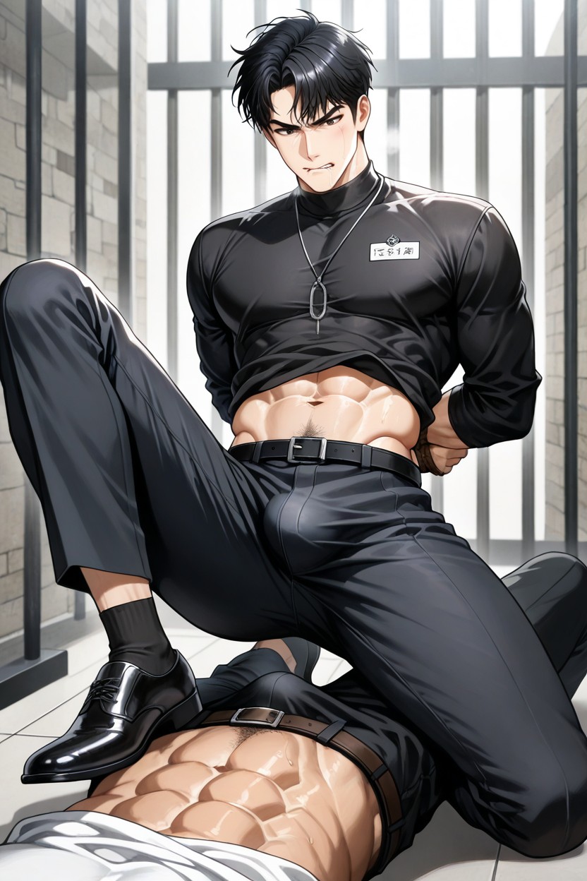 Black Pants, Long-sleeved Shirt, To Medium 게이 AI 포르노