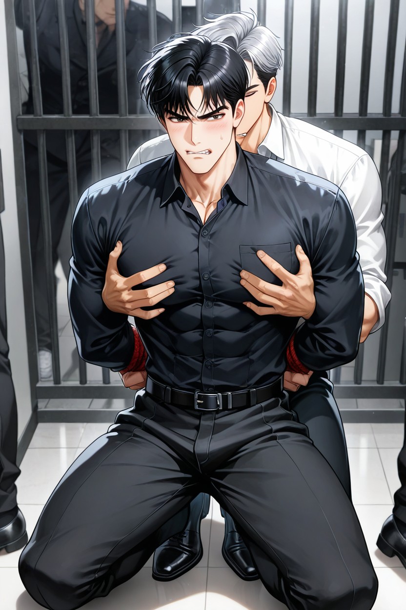 Grabbing, Feet Placed On The Groin, Black Office Shirt 게이 AI 포르노