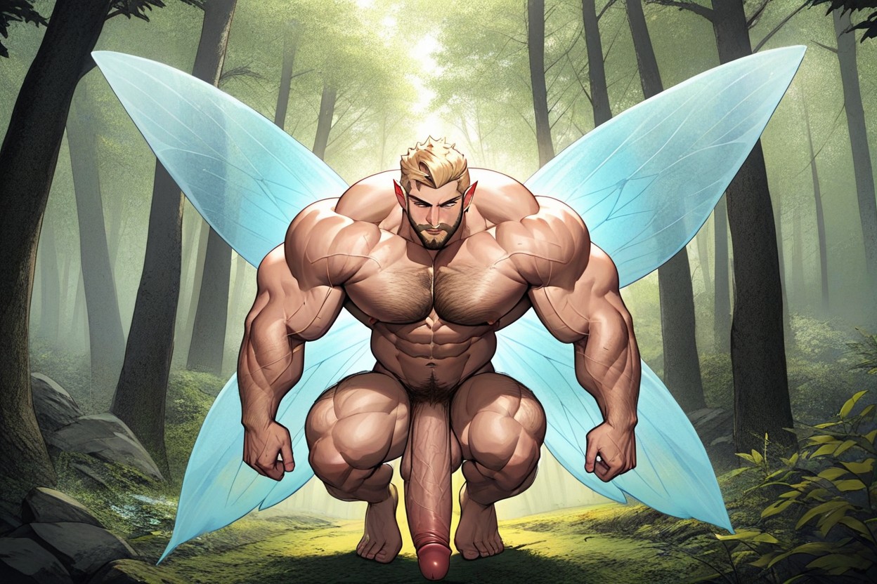 Giant Bodybuilder Underarm Hair, Giant Bodybuilder Very Muscular Shoulders, Blond Male Fairy AI Gay Porn