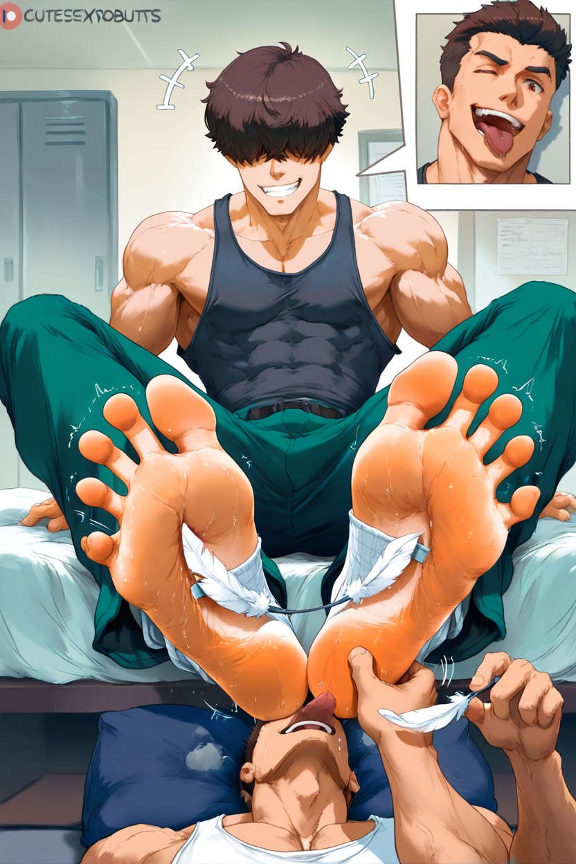 Jock Has Evil Smile Tongue Out, Thick Socks, Tickle Jock Tank Top And Cargo Pants AI Gay Porn