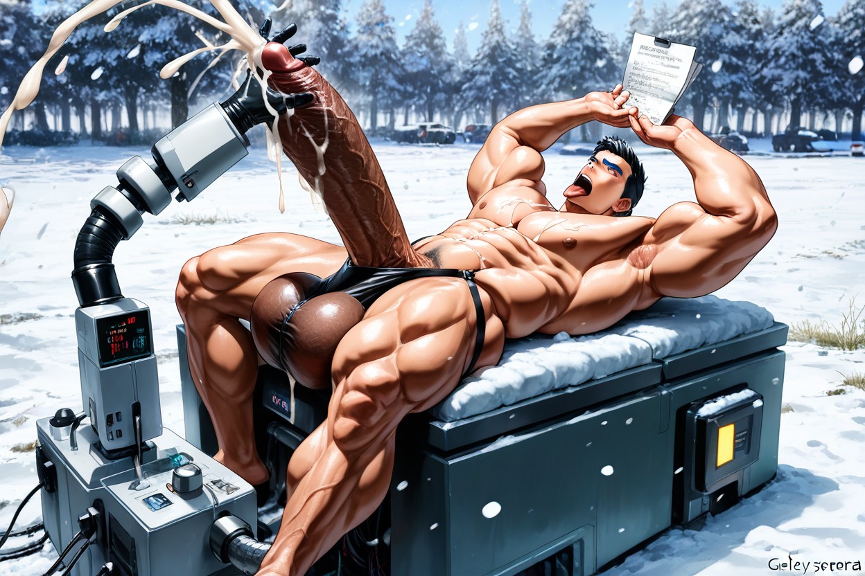 Embarassed, Big Balls, Naked Hyper Man Arms Up Hands And Feet Strapped Lying On His Back On Table Pornografia gay com IA