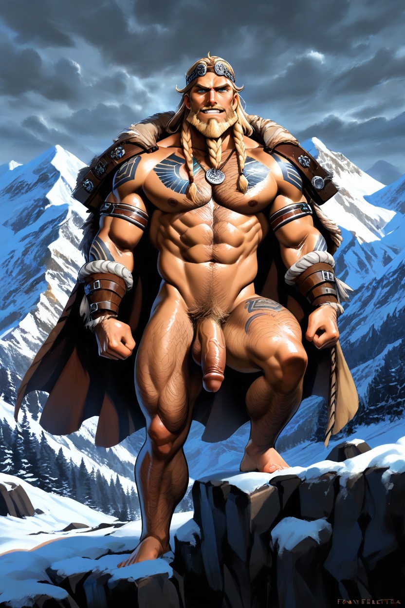 Scandinavian Viking Male Figure, Extremely Muscular Physique, 중간 게이 AI 포르노