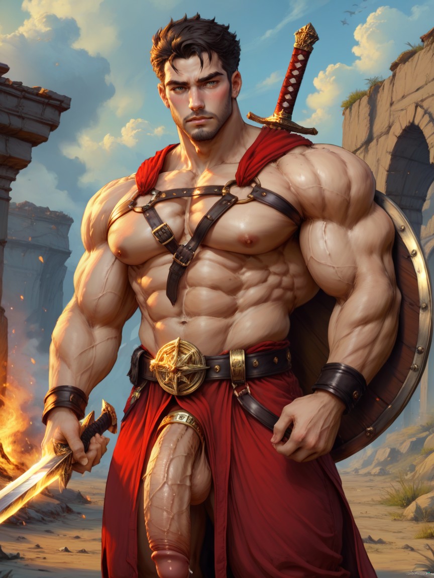Hdr, Notched Broadsword In One Hand And Shield In The Other, Deeply Tanned Skin AI Gay Porn