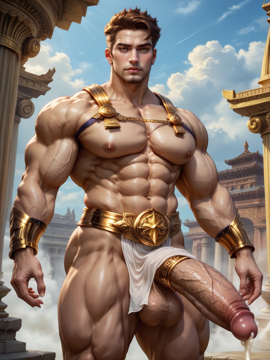 Bulging Vascularity, Dark Storm Clouds Swirl Around Golden Temple Pillars, And The Sky Is Filled With Cinematic Lightning Strikes AI同性恋黄片