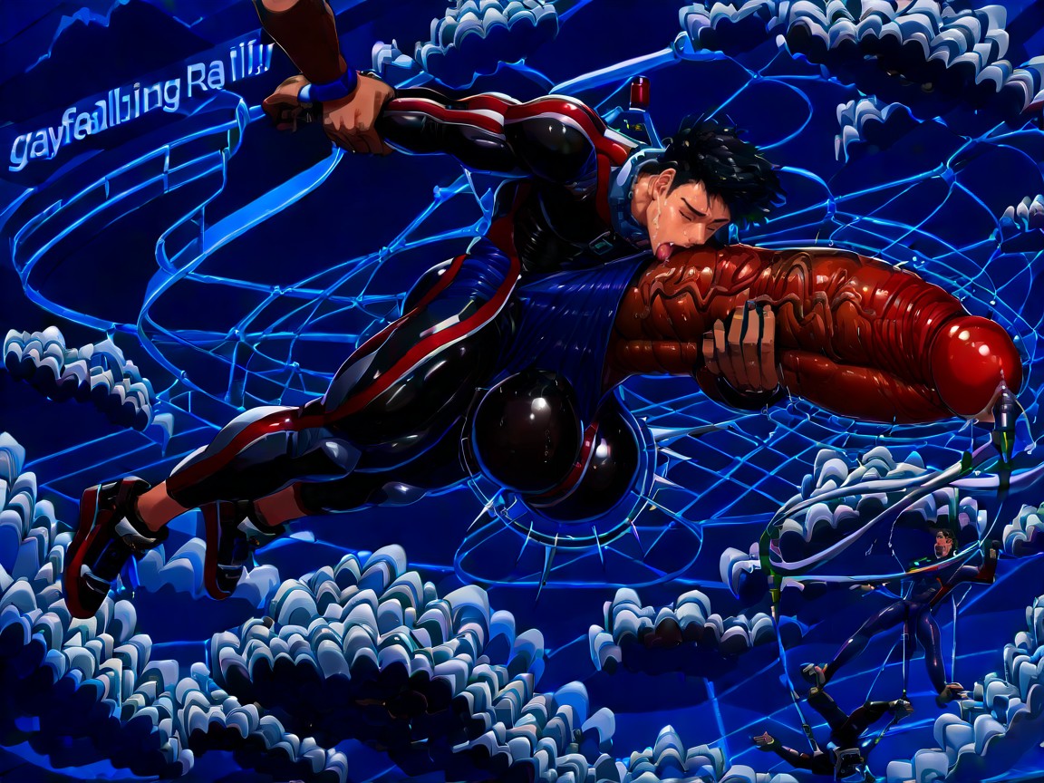Skintight Basejumping Suit, Penis Base Realistically Attached To Crotch, Sweaty AI Gay Porn