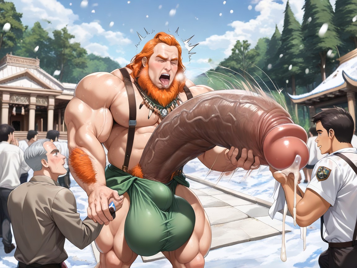 Tribal, Hands Fondling Man's Massive Balls, Gigantic Fully Erect Uncut Penis ゲイAIポルノ
