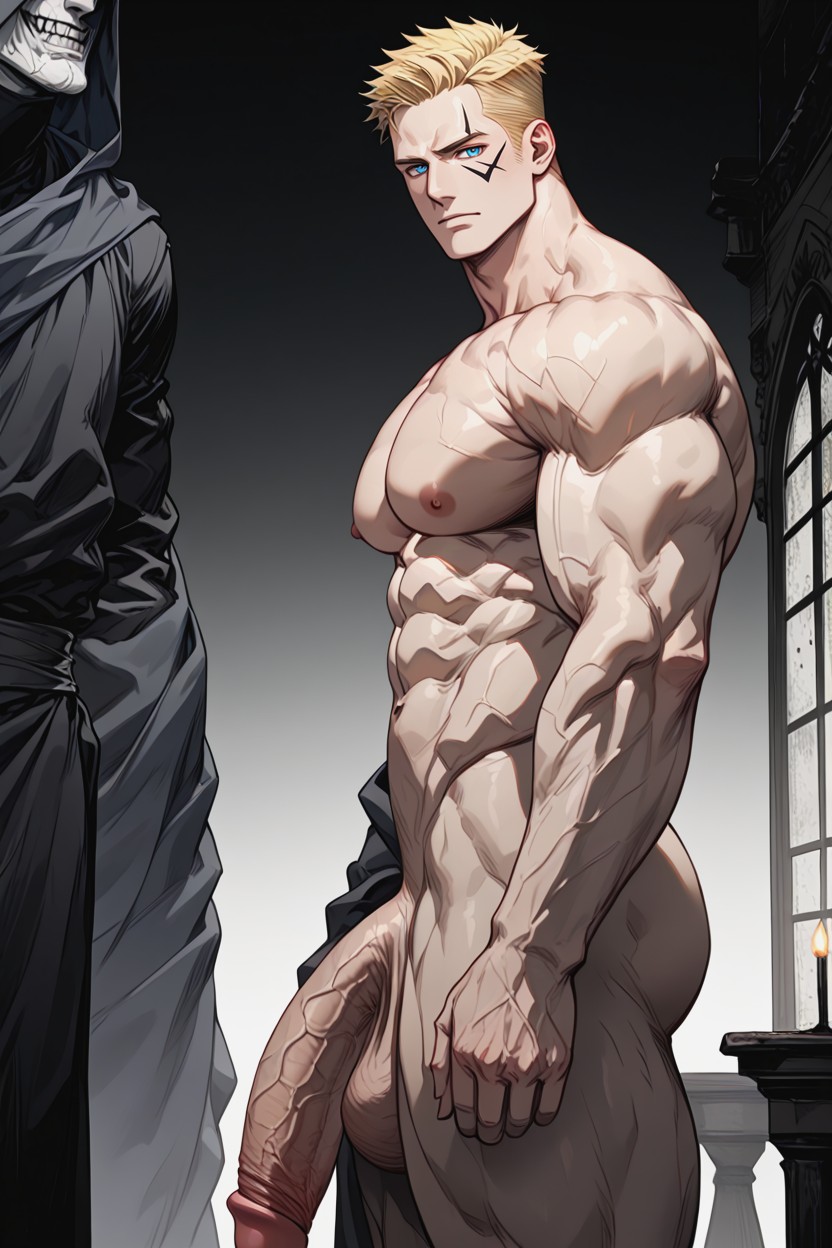 Massive Hyper Penis, Side View, Blue Eyes AI Gay Porn