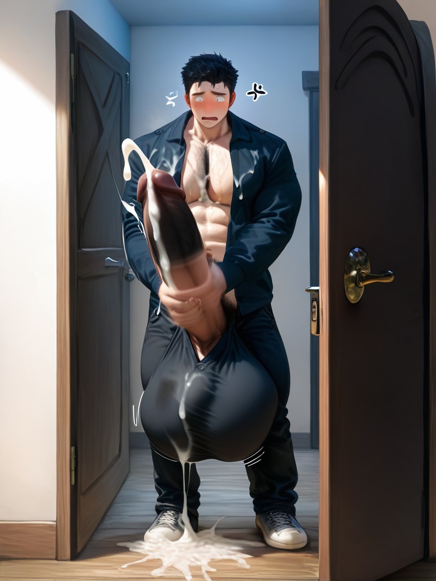 Giant Erect Bulge, Face Pressed Against Dick Or Balls Or Bulge, Male Body AI Gay Porn