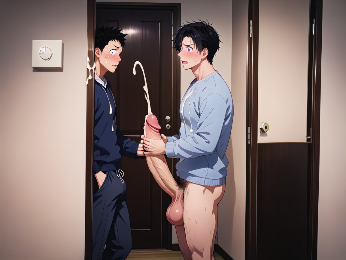 Living Room, Male Body, Two-handed Handjob AI Gay Porn