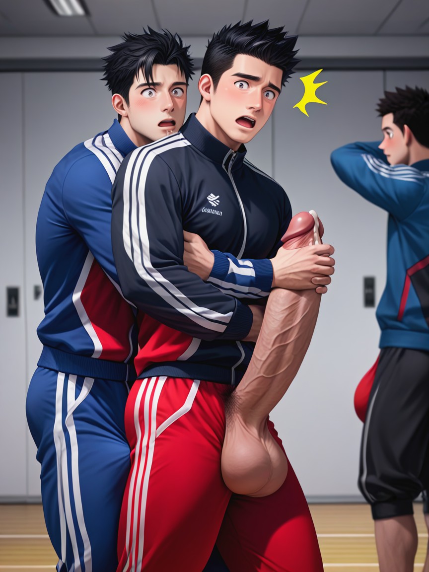 Tracksuit Boner Up To His Chin, Rear View, Mouth On Cock AI Gay Porn